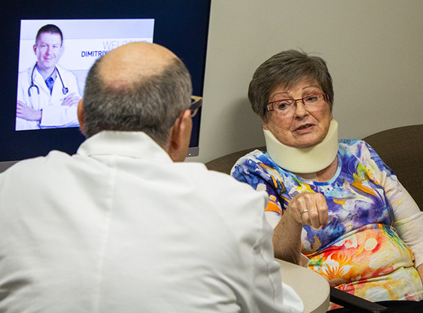 A lady with a neck brace