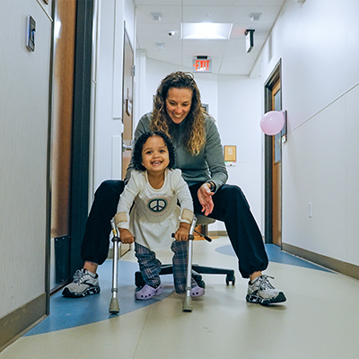 Parent and child in hallway